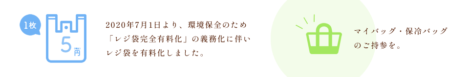 2020年7月1日より、環境保全のため「レジ袋完全有料化」の義務化に伴いレジ袋を有料化しました。お買物の際はマイバッグ・保冷バッグをご持参下さい。